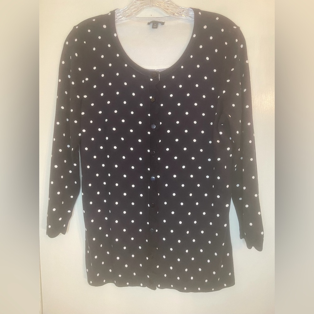 Talbots Navy Blue & White Polka Dot 3/4 Sleeve Cardigan w/ Scallop Trim – Size M